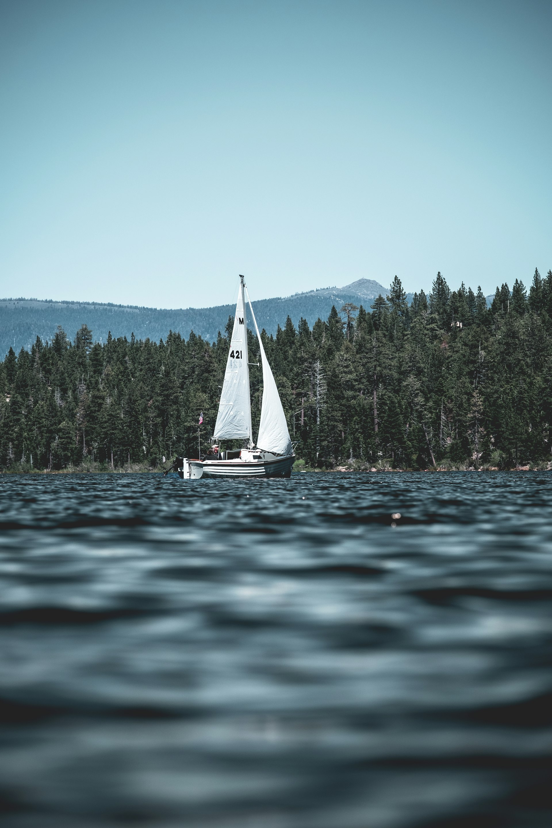 Sailboat gliding past forested shoreline with mountain in the background