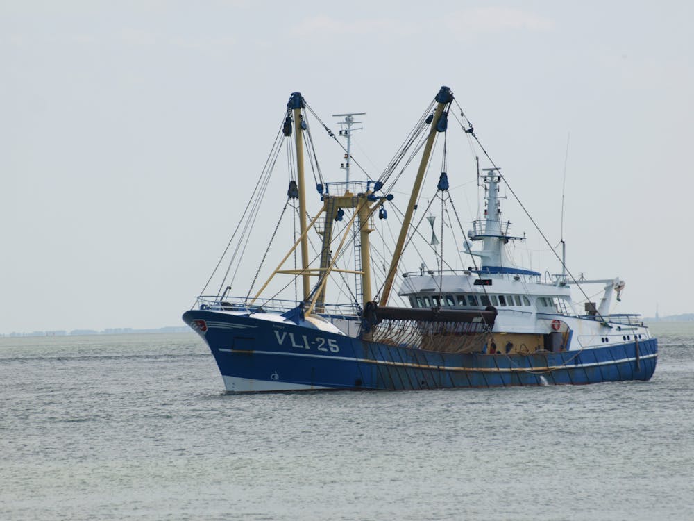 Blue commercial fishing trawler underway on open water